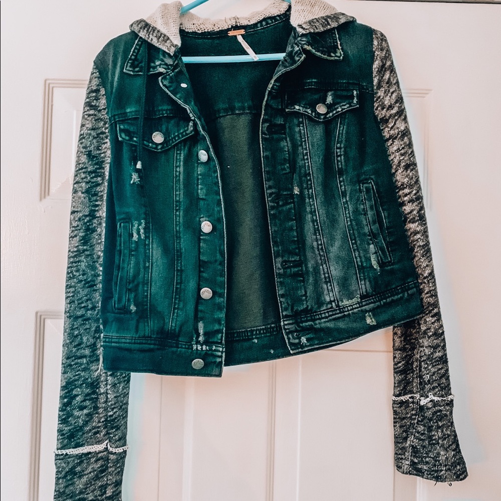 Free People Black Denim Jacket with Hood